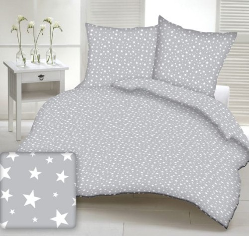 Pościel 100% BAWEŁNA Renforce | 140x200cm (poszwa) + 1x 70x80cm (poszewka) | Wykończenie satynowe | GWIAZDKI NA SZARYM
