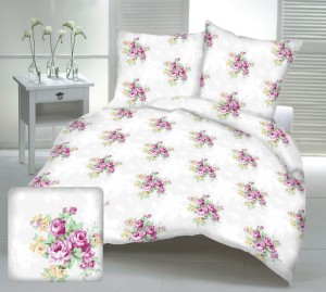 Pościel 100% BAWEŁNA Renforce | 160x200cm (poszwa) + 2x 70x80cm (poszewki) | Wykończenie satynowe | RÓŻA KOLOROWA BIAŁA