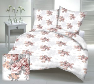 Pościel 100% BAWEŁNA Renforce | 160x200cm (poszwa) + 2x 70x80cm (poszewki) | Wykończenie satynowe | RÓŻA KOLOROWA HERBACIANA Z SZARYM