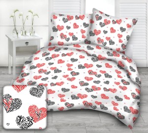 Pościel 100% BAWEŁNA Renforce | 160x200cm (poszwa) + 2x 70x80cm (poszewki) | Wykończenie satynowe | SERCA CZERWONO-CZARNE BIAŁE TŁO
