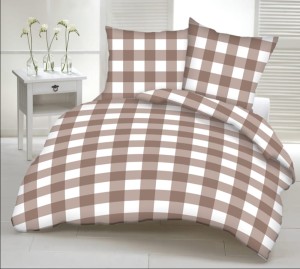 Pościel 100% BAWEŁNA Renforce | 160x200cm (poszwa) + 2x 70x80cm (poszewki) | Wykończenie satynowe | KRATA BRĄZ