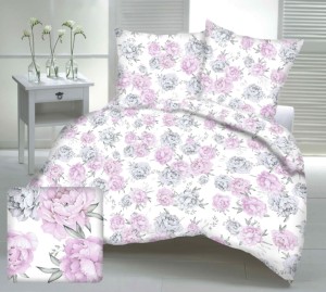 Pościel 100% BAWEŁNA Renforce | 160x200cm (poszwa) + 2x 70x80cm (poszewki) | Wykończenie satynowe | PIWONIE WRZOSOWO-SZARE NA BIAŁYM TLE