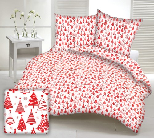 Pościel 100% BAWEŁNA Renforce | 160x200cm (poszwa) + 2x 70x80cm (poszewki) | Wykończenie satynowe | CZERWONY LAS CHOINEK