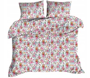 Pościel 100% BAWEŁNA KORA | 200x220cm (poszwa) + 2x 70x80cm (poszewki) | RÓŻOWE KWIATKI Z NIEBIESKIMI GAŁĄZKAMI