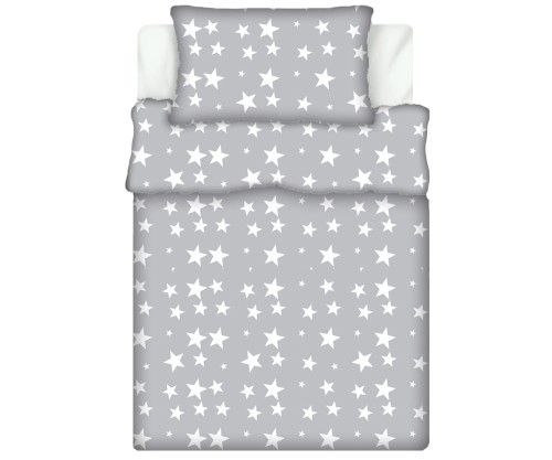 Pościel 100% BAWEŁNA Renforce DLA DZIECI | 135x100cm (poszwa) + 1x 40x60cm (poszewka) | Do łóżeczka, przedszkola, żłobka | Wykończenie satynowe | GWIAZDKI NA SZARYM