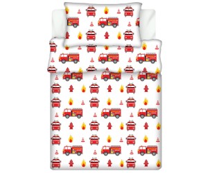 Pościel 100% BAWEŁNA Renforce DLA DZIECI | 135x100cm (poszwa) + 1x 40x60cm (poszewka) | Do łóżeczka, przedszkola, żłobka | Wykończenie satynowe | WOZY STRAŻACKIE