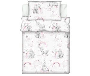 Pościel 100% BAWEŁNA Renforce DLA DZIECI | 135x100cm (poszwa) + 1x 40x60cm (poszewka) | Do łóżeczka, przedszkola, żłobka | Wykończenie satynowe | SŁOŃ Z TĘCZĄ RÓŻOWY