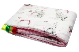 Kocyk dla dzieci i niemowląt MINKY 80x100 / 100X135 SŁOŃ Z TĘCZĄ RÓŻOWY - MINKY RÓŻOWE