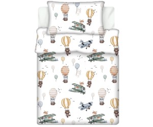 Pościel 100% BAWEŁNA Renforce DLA DZIECI | 90x120cm (poszwa) + 1x 40x60cm (poszewka) | Do łóżeczka | Wykończenie satynowe | LIS W SAMOLOCIE ZIELONY