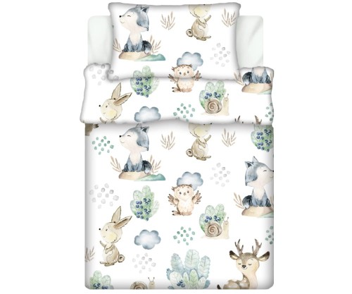 Pościel 100% BAWEŁNA Renforce DLA DZIECI | 135x100cm (poszwa) + 1x 40x60cm (poszewka) | Do łóżeczka, przedszkola, żłobka | Wykończenie satynowe | JEŻ I SARNA