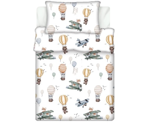 Pościel 100% BAWEŁNA Renforce DLA DZIECI | 135x100cm (poszwa) + 1x 40x60cm (poszewka) | Do łóżeczka, przedszkola, żłobka | Wykończenie satynowe | LIS W SAMOLOCIE ZIELONY