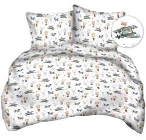 Pościel 100% BAWEŁNA Renforce | 160x200cm (poszwa) + 2x 70x80cm (poszewki) | Wykończenie satynowe | LIS W SAMOLOCIE ZIELONY