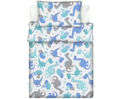 Pościel 100% BAWEŁNA Renforce DLA DZIECI | 135x100cm (poszwa) + 1x 40x60cm (poszewka) | Do łóżeczka, przedszkola, żłobka | Wykończenie satynowe | DINO