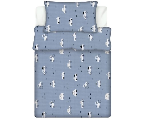Pościel 100% BAWEŁNA Renforce DLA DZIECI | 135x100cm (poszwa) + 1x 40x60cm (poszewka) | Do łóżeczka, przedszkola, żłobka | Wykończenie satynowe | AUTKA NA NIEBIESKIM