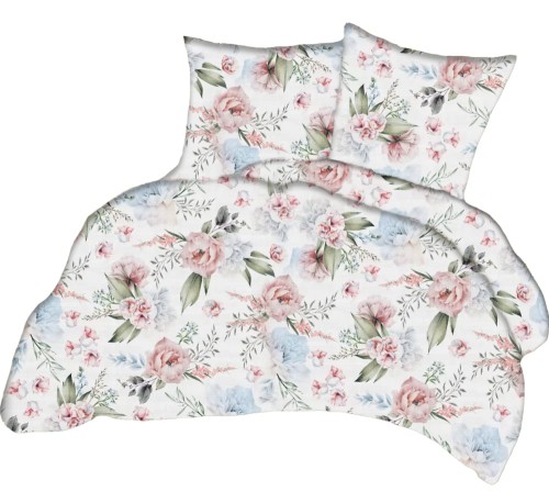 Pościel 100% BAWEŁNA Renforce | 160x200cm (poszwa) + 2x 70x80cm (poszewki) | Wykończenie satynowe | BOTANIKA NIEBIESKO-RÓŻOWA