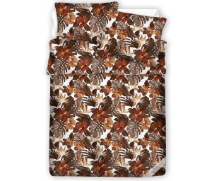 Pościel 100% BAWEŁNA Renforce | 160x200cm (poszwa) + 2x 70x80cm (poszewki) | Wykończenie satynowe | KWIECISTA MONSTERA BRĄZOWA