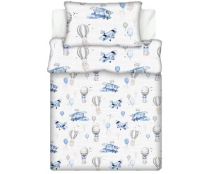 Pościel 100% BAWEŁNA Renforce DLA DZIECI | 90x120cm (poszwa) + 1x 40x60cm (poszewka) | Do łóżeczka | Wykończenie satynowe | LIS W SAMOLOCIE NIEBIESKI