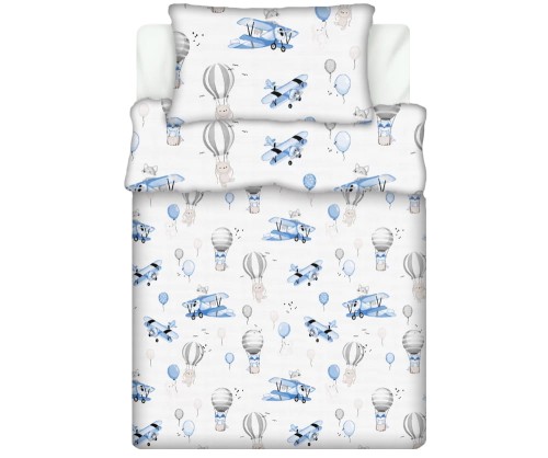 Pościel 100% BAWEŁNA Renforce DLA DZIECI | 135x100cm (poszwa) + 1x 40x60cm (poszewka) | Do łóżeczka, przedszkola, żłobka | Wykończenie satynowe | LIS W SAMOLOCIE NIEBIESKI