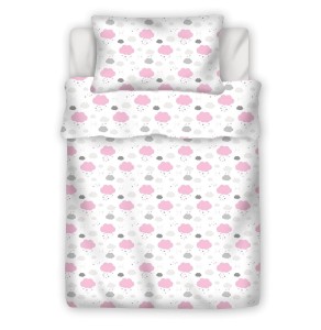 Pościel 100% BAWEŁNA Renforce DLA DZIECI | 90x120cm (poszwa) + 1x 40x60cm (poszewka) | Do łóżeczka | Wykończenie satynowe | CHMURKI RÓŻOWE NOWE