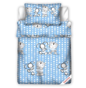 Pościel 100% BAWEŁNA Renforce DLA DZIECI | 90x120cm (poszwa) + 1x 40x60cm (poszewka) | Do łóżeczka | Wykończenie satynowe | MIŚ I ZAJĄC NA NIEBIESKIM