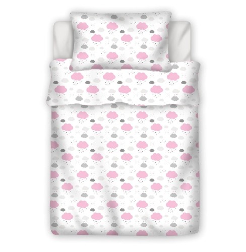 Pościel 100% BAWEŁNA Renforce DLA DZIECI | 135x100cm (poszwa) + 1x 40x60cm (poszewka) | Do łóżeczka, przedszkola, żłobka | Wykończenie satynowe | CHMURKI RÓŻOWE NOWE