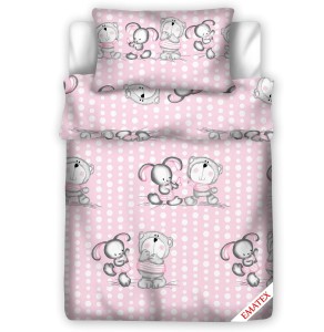 Pościel 100% BAWEŁNA Renforce DLA DZIECI | 135x100cm (poszwa) + 1x 40x60cm (poszewka) | Do łóżeczka, przedszkola, żłobka | Wykończenie satynowe | MIŚ I ZAJĄC NA RÓŻOWYM