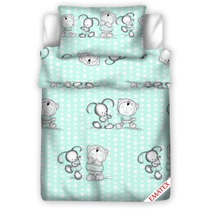 Pościel 100% BAWEŁNA Renforce DLA DZIECI | 135x100cm (poszwa) + 1x 40x60cm (poszewka) | Do łóżeczka, przedszkola, żłobka | Wykończenie satynowe | MIŚ I ZAJĄC NA ZIELONYM