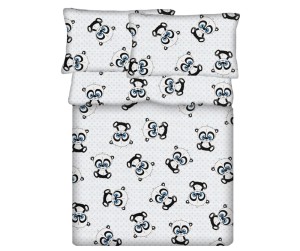 Pościel 100% BAWEŁNA Renforce | 160x200cm (poszwa) + 2x 70x80cm (poszewki) | Wykończenie satynowe | PANDA OCZY NIEBIESKIE NA BIAŁYM