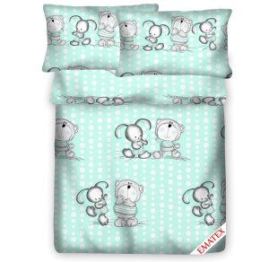 Pościel 100% BAWEŁNA Renforce | 160x200cm (poszwa) + 2x 70x80cm (poszewki) | Wykończenie satynowe | MIŚ I ZAJĄC NA ZIELONYM