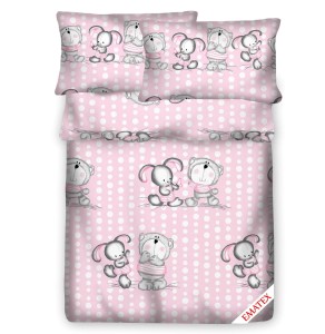 Pościel 100% BAWEŁNA Renforce | 160x200cm (poszwa) + 2x 70x80cm (poszewki) | Wykończenie satynowe | MIŚ I ZAJĄC NA RÓŻOWYM