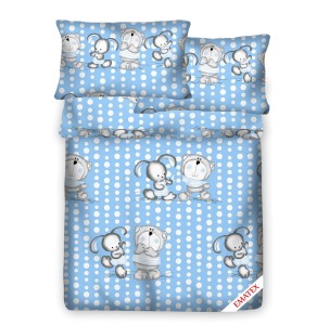 Pościel 100% BAWEŁNA Renforce | 160x200cm (poszwa) + 2x 70x80cm (poszewki) | Wykończenie satynowe | MIŚ I ZAJĄC NA NIEBIESKIM