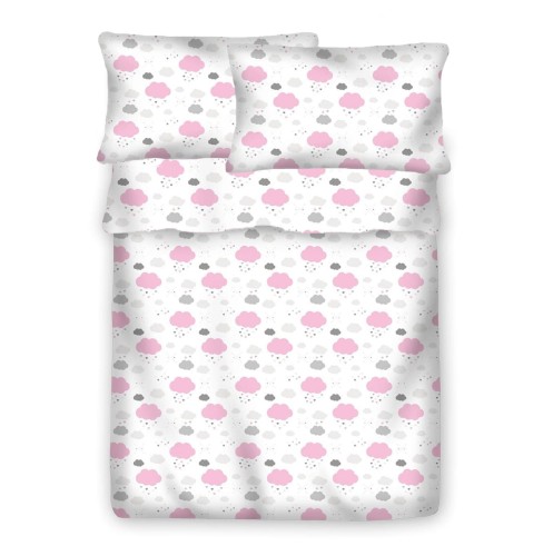 Pościel 100% BAWEŁNA Renforce | 160x200cm (poszwa) + 2x 70x80cm (poszewki) | Wykończenie satynowe | CHMURKI RÓŻOWE NOWE