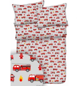 Pościel 100% BAWEŁNA Renforce | 160x200cm (poszwa) + 2x 70x80cm (poszewki) | Wykończenie satynowe | WOZY STRAŻACKIE NA POPIELU
