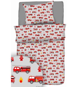 Pościel 100% BAWEŁNA Renforce DLA DZIECI | 135x100cm (poszwa) + 1x 40x60cm (poszewka) | Do łóżeczka, przedszkola, żłobka | Wykończenie satynowe | WOZY STRAŻACKIE NA POPIELU