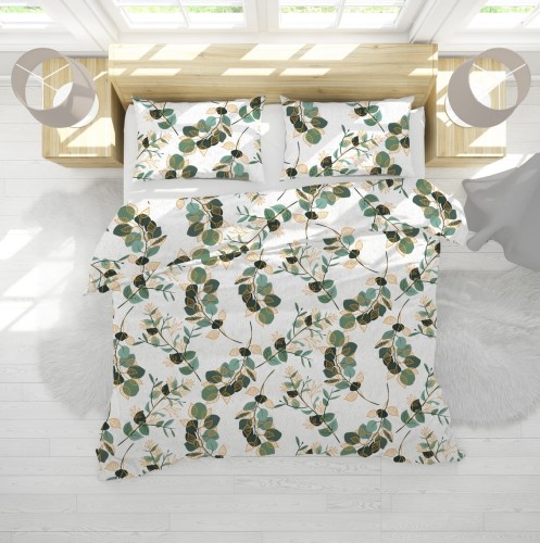 Pościel 100% BAWEŁNA Renforce | 160x200cm (poszwa) + 2x 70x80cm (poszewki) | Wykończenie satynowe | GAŁĄZKI Z ZIELONYMI LIŚĆMI