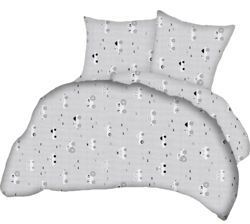 Pościel 100% BAWEŁNA Renforce | 160x200cm (poszwa) + 2x 70x80cm (poszewki) | Wykończenie satynowe | AUTKA BIAŁE NA SZARYM