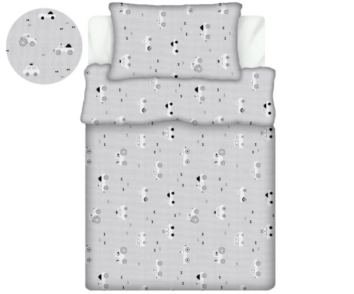 Pościel 100% BAWEŁNA Renforce DLA DZIECI | 135x100cm (poszwa) + 1x 40x60cm (poszewka) | Do łóżeczka, przedszkola, żłobka | Wykończenie satynowe | AUTKA BIAŁE NA SZARYM