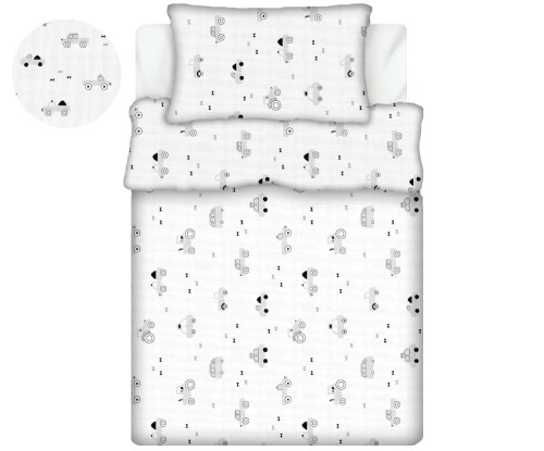 Pościel 100% BAWEŁNA Renforce DLA DZIECI | 135x100cm (poszwa) + 1x 40x60cm (poszewka) | Do łóżeczka, przedszkola, żłobka | Wykończenie satynowe | AUTKA SZARE NA BIAŁYM