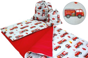 ŚPIWOREK DLA DZIECKA PRZEDSZKOLAKA 70x125 cm / 75x140 cm WOZY STRAŻACKIE POPIEL + CZERWONY