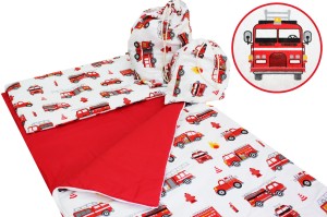 ŚPIWOREK DLA DZIECKA PRZEDSZKOLAKA 70x125 cm / 75x140 cm WOZY STRAŻACKIE BIAŁE + CZERWONY