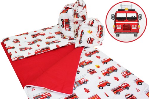 ŚPIWOREK DLA DZIECKA PRZEDSZKOLAKA 70x125 cm / 75x140 cm WOZY STRAŻACKIE BIAŁE + CZERWONY
