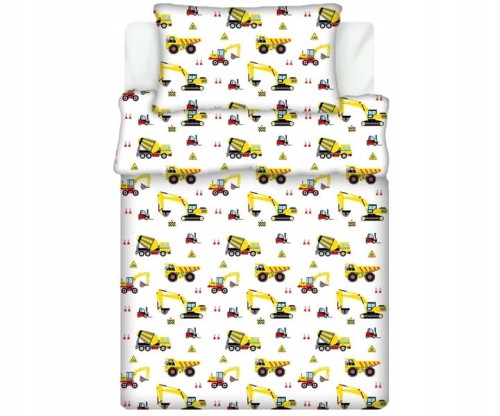 Pościel 100% BAWEŁNA Renforce DLA DZIECI | 135x100cm (poszwa) + 1x 40x60cm (poszewka) | Do łóżeczka, przedszkola, żłobka | Wykończenie satynowe | KOPARKI