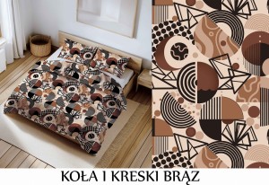 Pościel 100% BAWEŁNA Renforce | 160x200cm (poszwa) + 2x 70x80cm (poszewki) | Wykończenie satynowe | KOŁA I KRESKI BRĄZ
