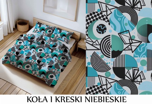 Pościel 100% BAWEŁNA Renforce | 140x200cm (poszwa) + 1x 70x80cm (poszewka) | Wykończenie satynowe | KOŁA I KRESKI NIEBIESKIE