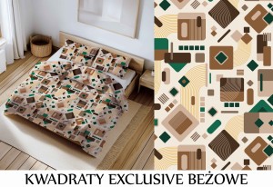Pościel 100% BAWEŁNA Renforce | 160x200cm (poszwa) + 2x 70x80cm (poszewki) | Wykończenie satynowe | KWADRATY EXCLUSIVE BEŻOWE