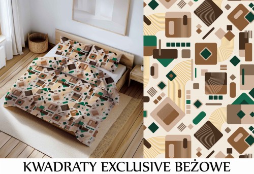 Pościel 100% BAWEŁNA Renforce | 140x200cm (poszwa) + 1x 70x80cm (poszewka) | Wykończenie satynowe | KWADRATY EXCLUSIVE BEŻOWE
