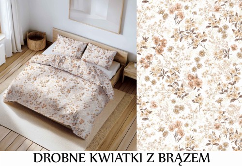 Pościel 100% BAWEŁNA Renforce | 160x200cm (poszwa) + 2x 70x80cm (poszewki) | Wykończenie satynowe | DROBNE KWIATKI Z BRĄZEM