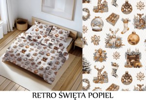 Pościel 100% BAWEŁNA Renforce | 160x200cm (poszwa) + 2x 70x80cm (poszewki) | Wykończenie satynowe | RETRO ŚWIĘTA POPIEL