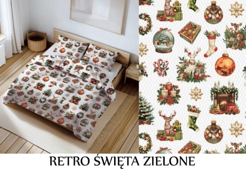 Pościel 100% BAWEŁNA Renforce | 140x200cm (poszwa) + 1x 70x80cm (poszewka) | Wykończenie satynowe | RETRO ŚWIĘTA ZIELONE