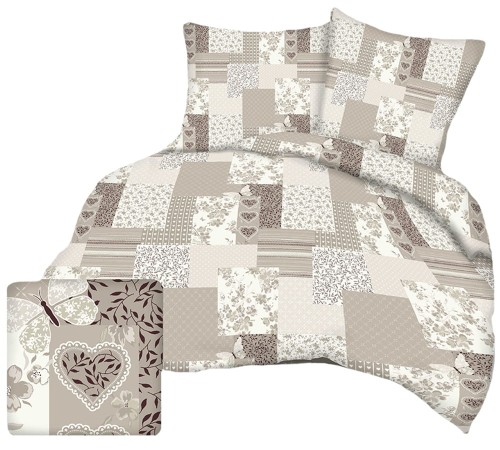 Pościel 100% BAWEŁNA FLANELA | 160x200cm (poszwa) + 2x 70x80cm (poszewki) | NOWY PATCHWORK Z MOTYLEM BEŻ